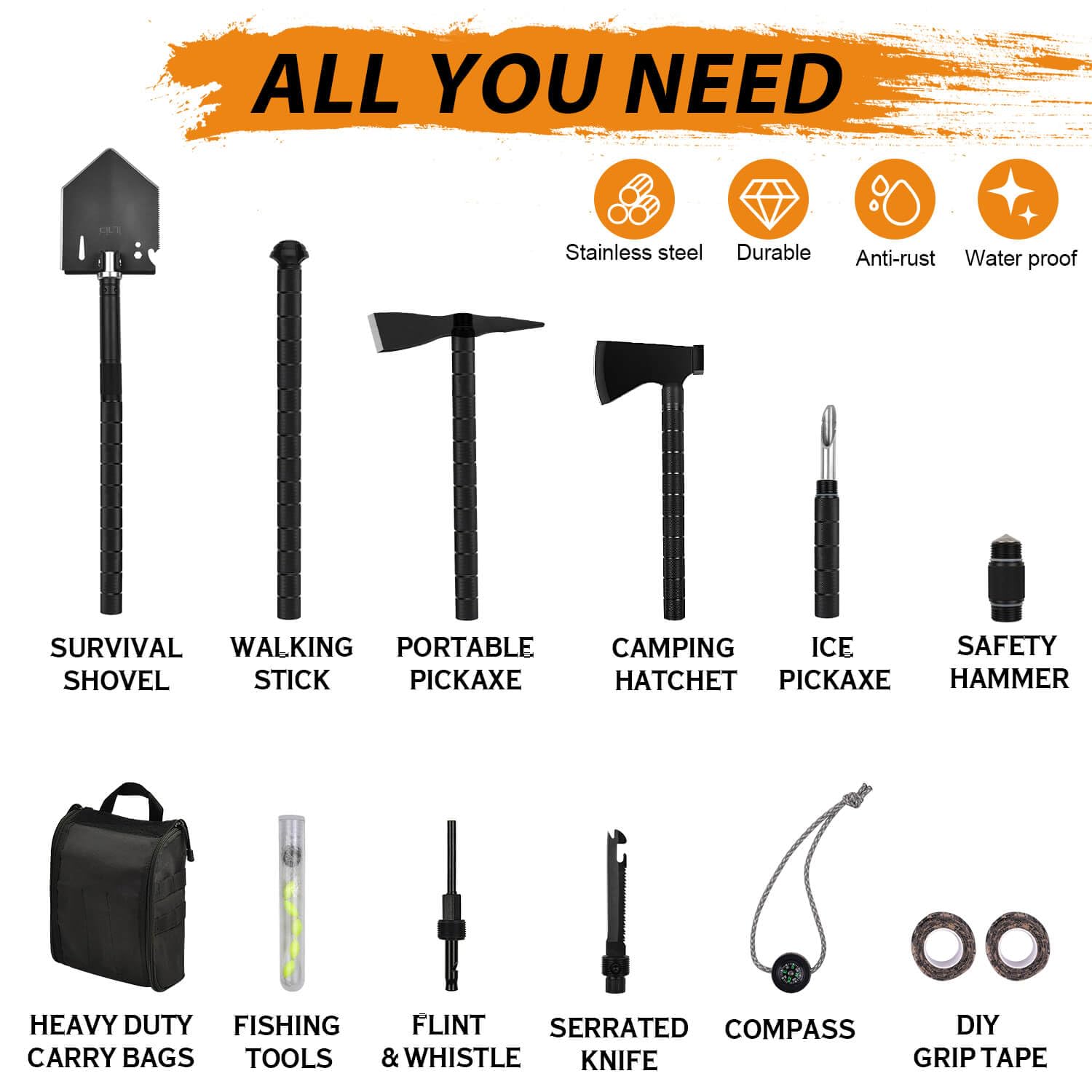 19 in 1 Folding Survival Shovel and Camping Tool Kit