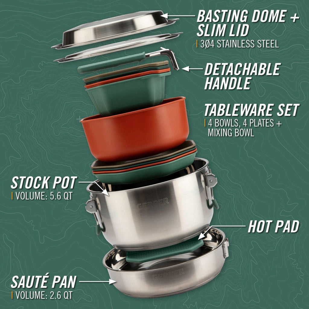 Dishwasher Safe Camping Cookware Set with Pots Plates and Bowls