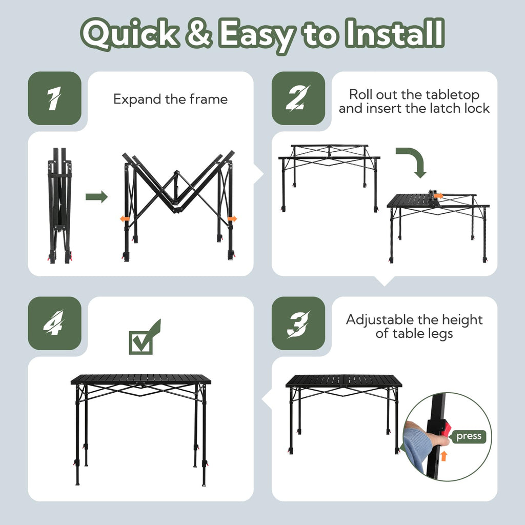 Adjustable Height Aluminum Folding Camping Table with Carry Bag