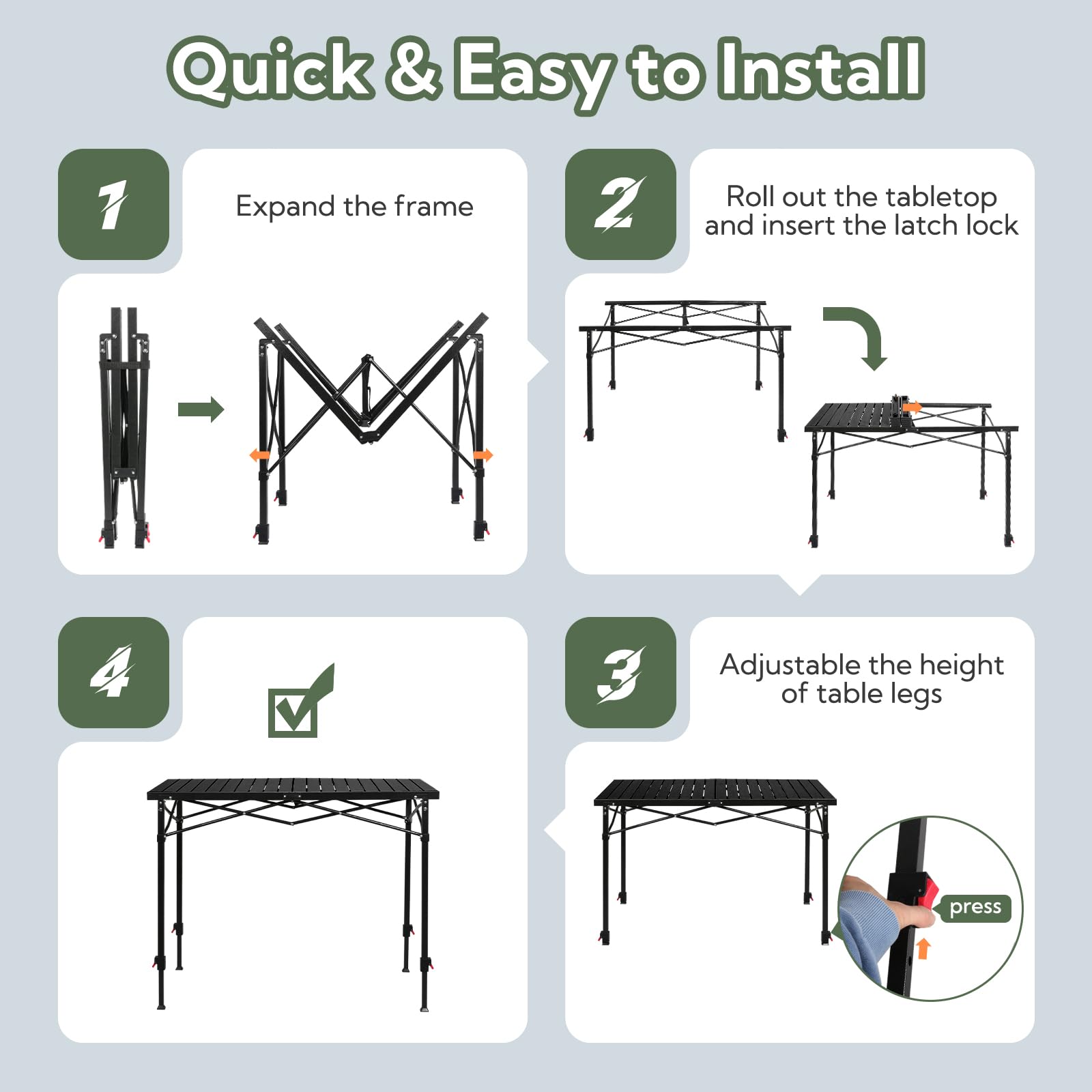 Adjustable Height Aluminum Folding Camping Table with Carry Bag