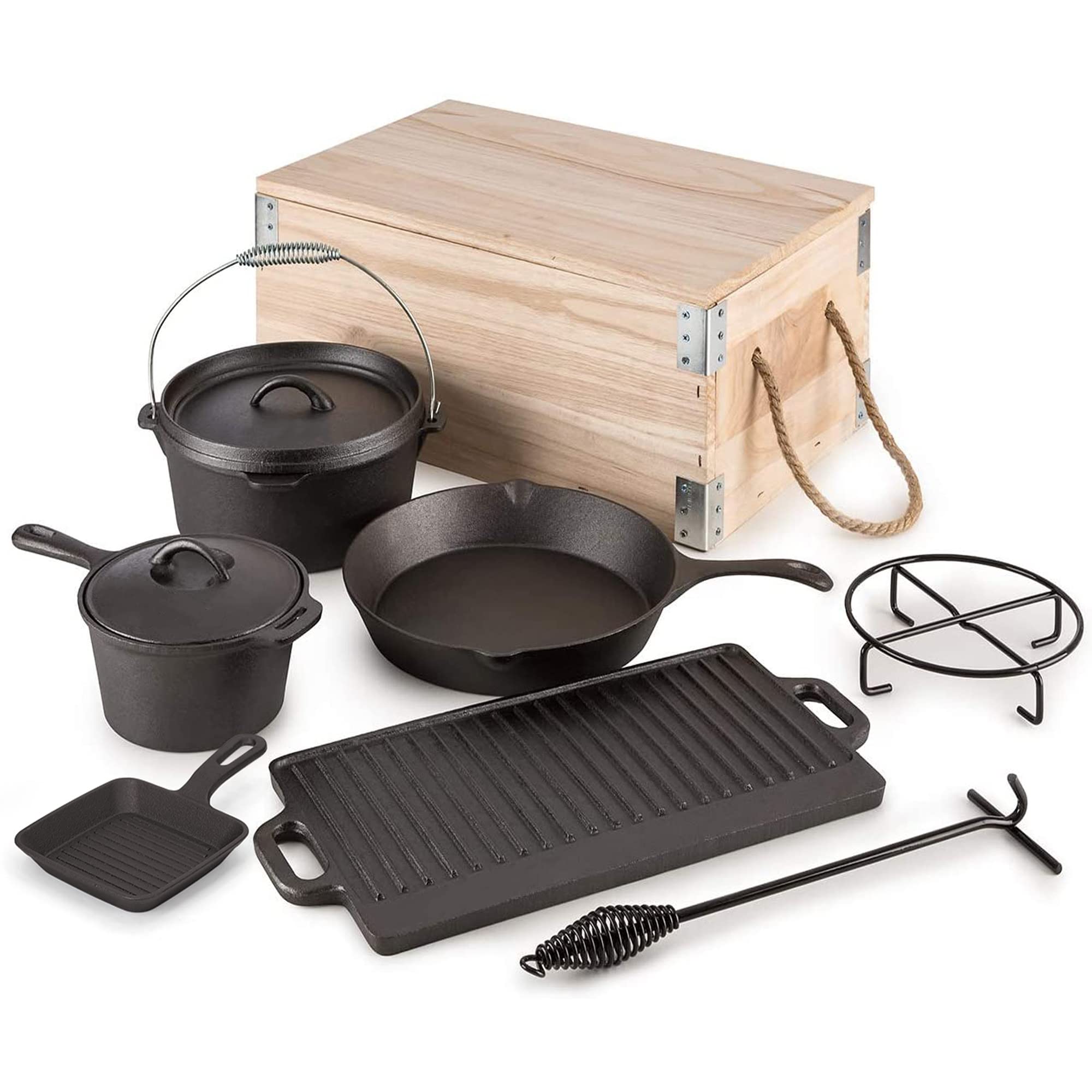 8 Piece Cast Iron Camping Cookware Set with Dutch Oven