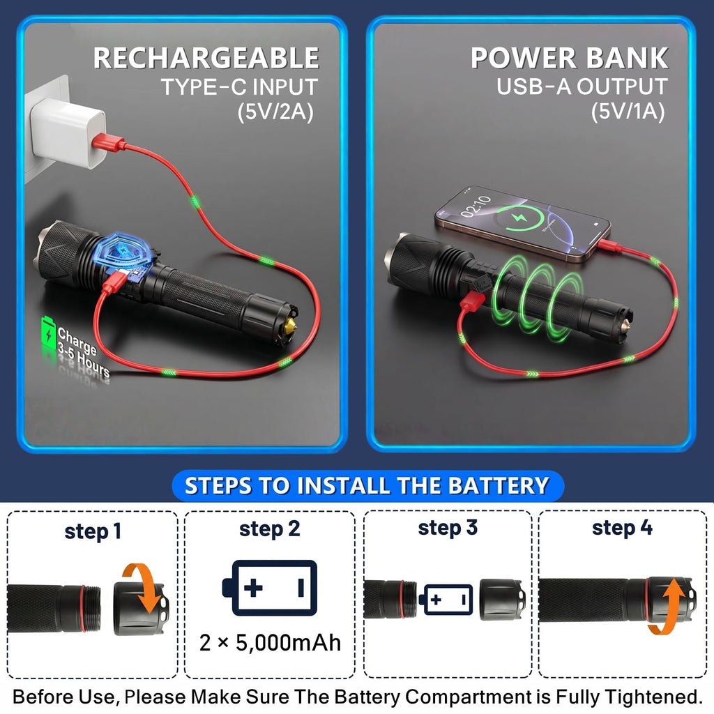 15000 Lumen Rechargeable Tactical Flashlight with Shoulder Strap