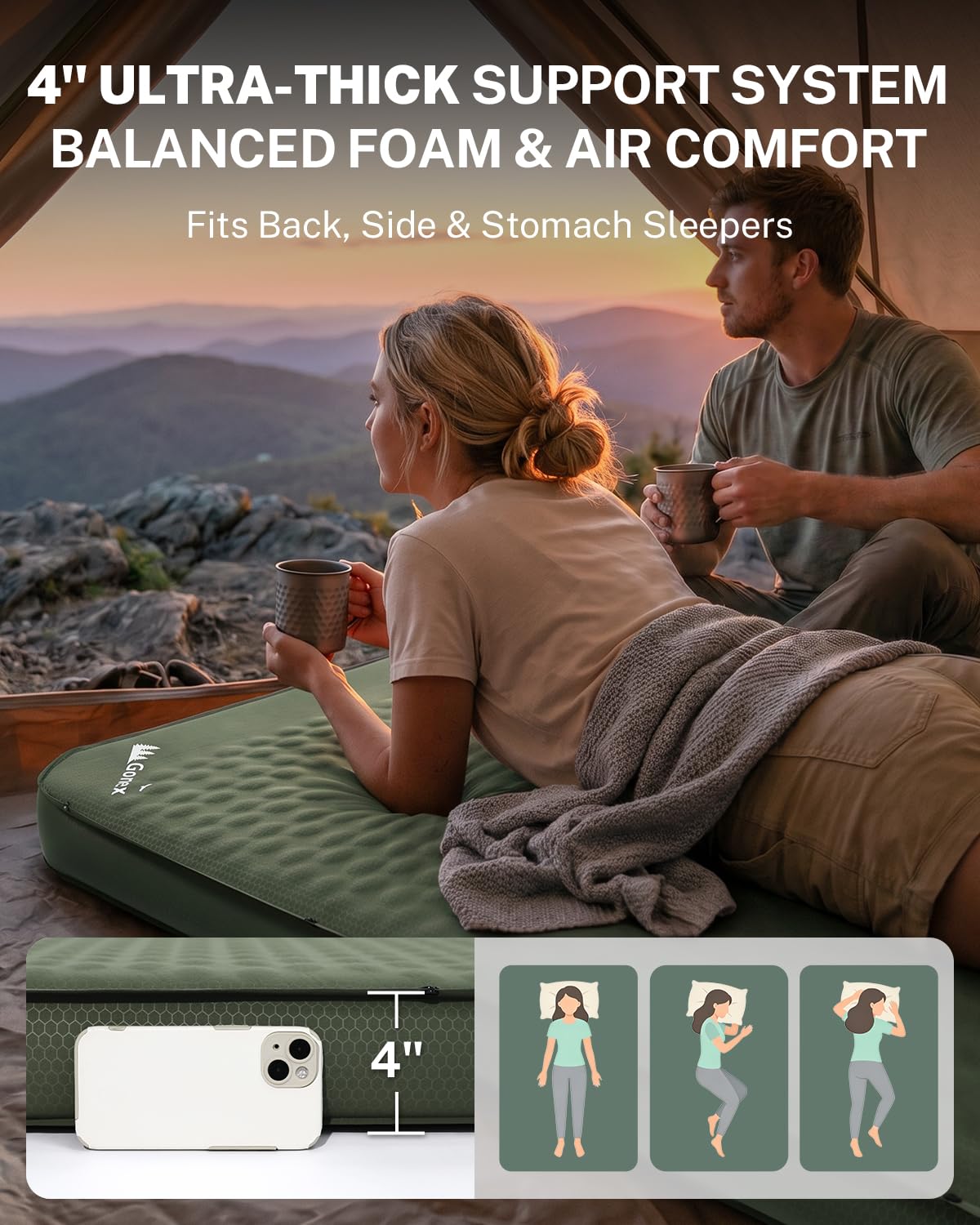 Four Inch Self Inflating Insulated Memory Foam Sleeping Pad