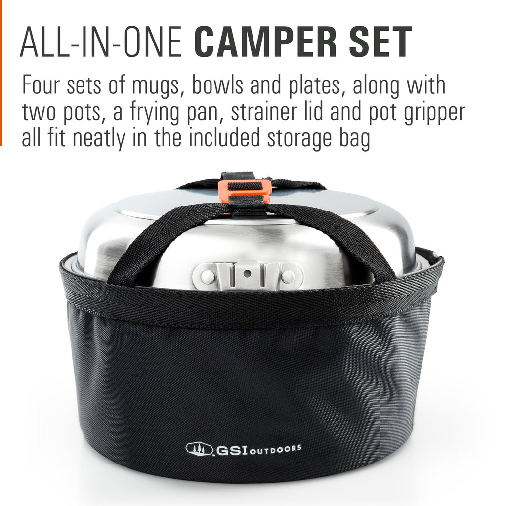 4 Person Stainless Steel Camping Cookware and Dinnerware Set