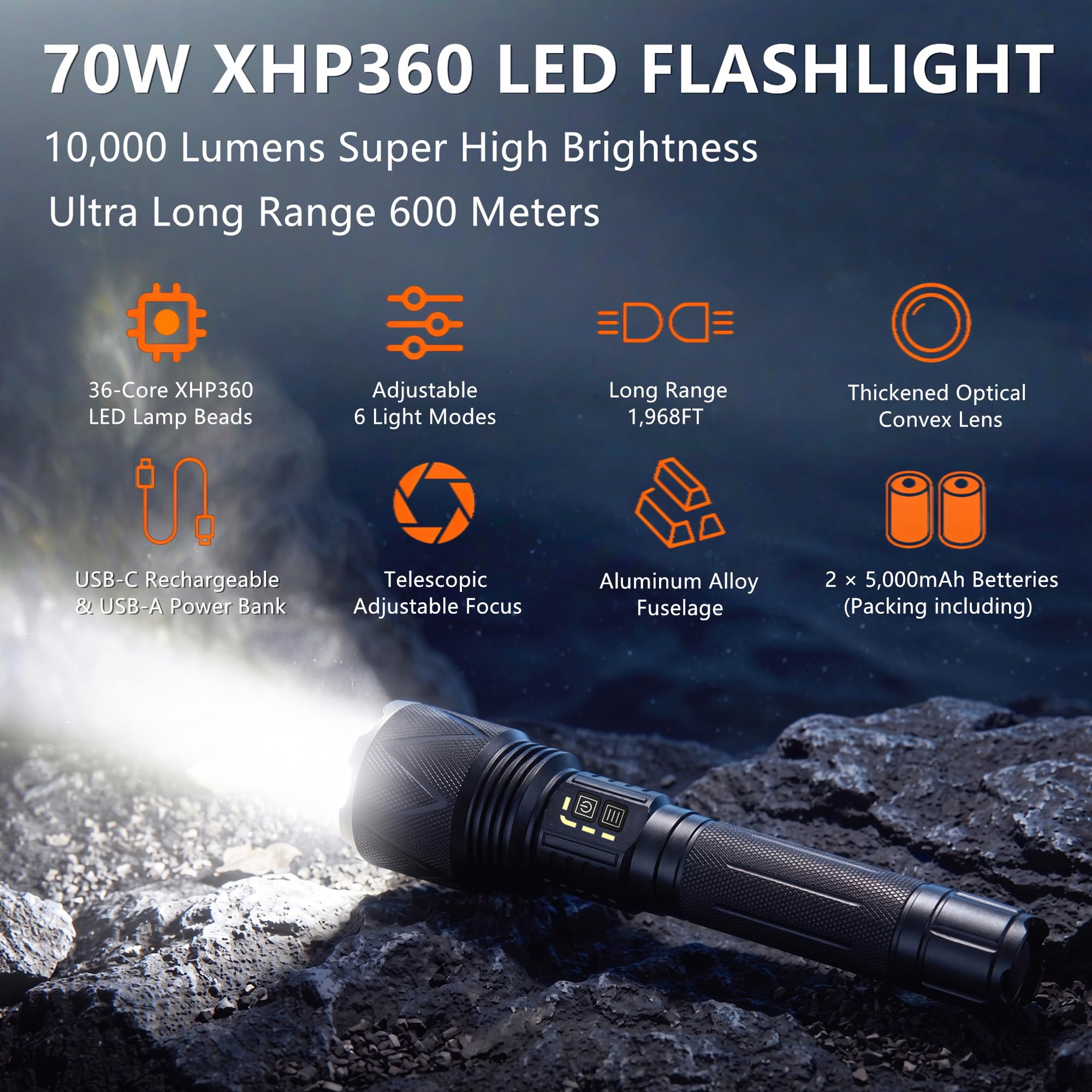 15000 Lumen Rechargeable Tactical Flashlight with Shoulder Strap