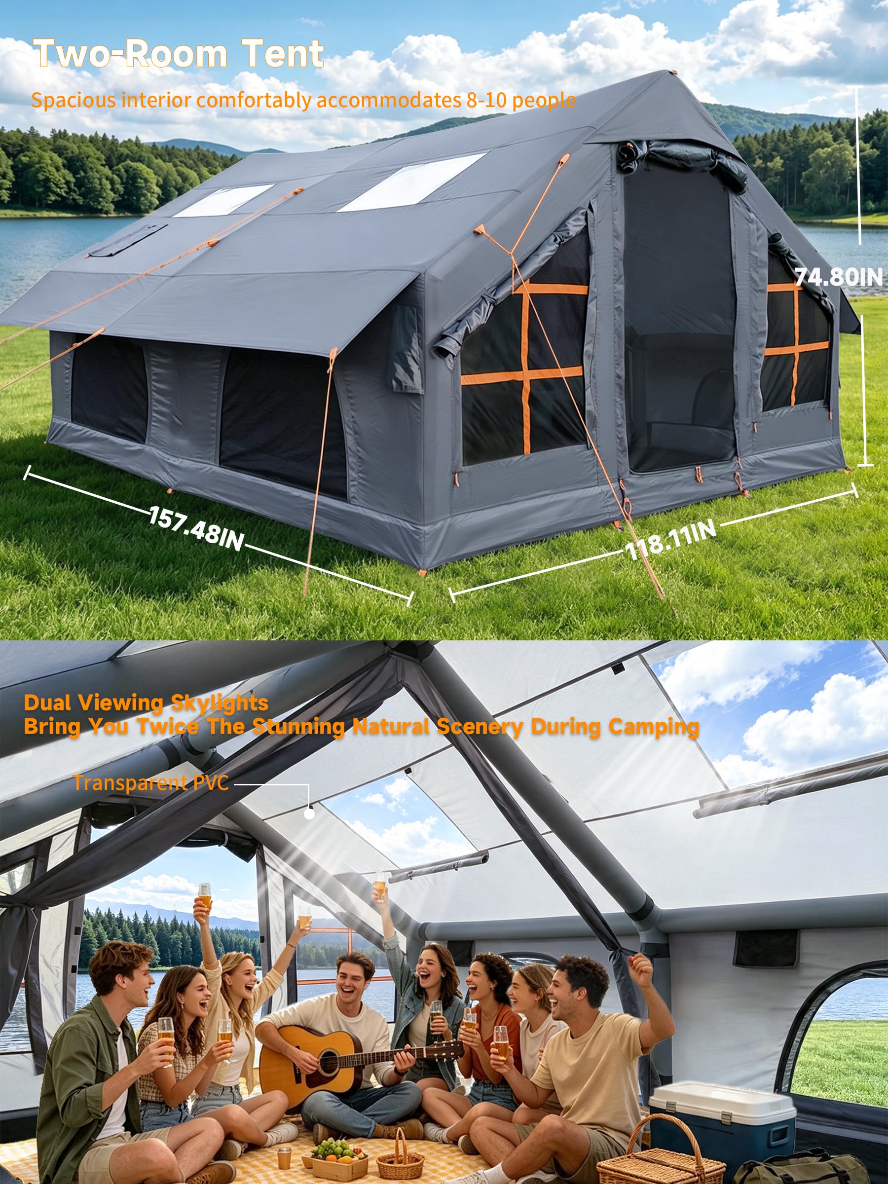 Large 4 Season Inflatable Family Camping Tent Grey