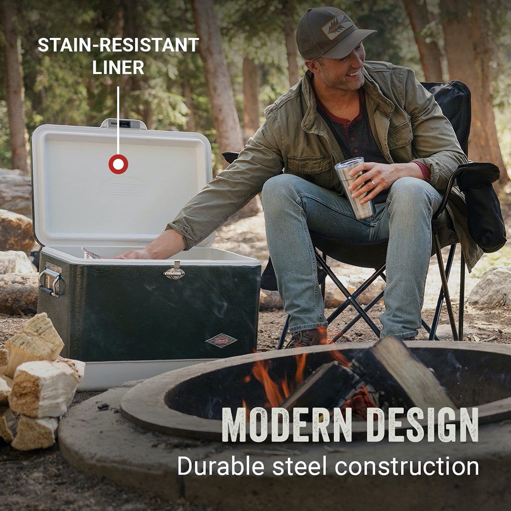 54 Quart Steel Belted Camping Cooler with Drain and Seat Lid