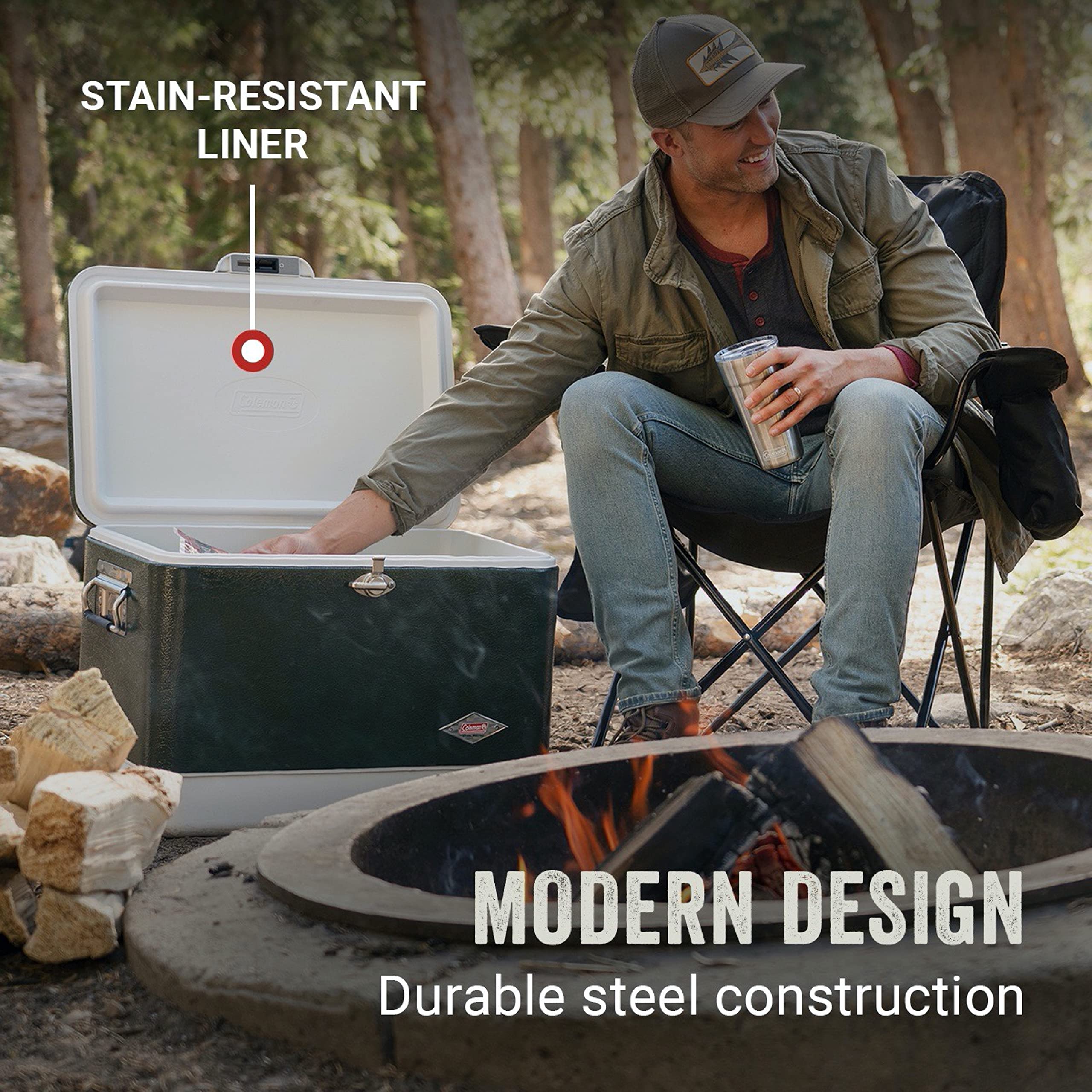 54 Quart Steel Belted Camping Cooler with Drain and Seat Lid