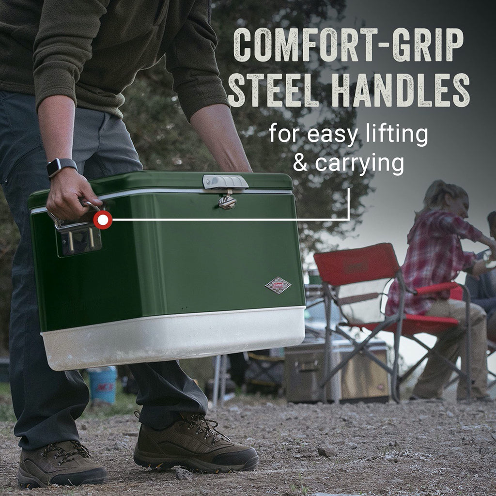 54 Quart Steel Belted Camping Cooler with Drain and Seat Lid