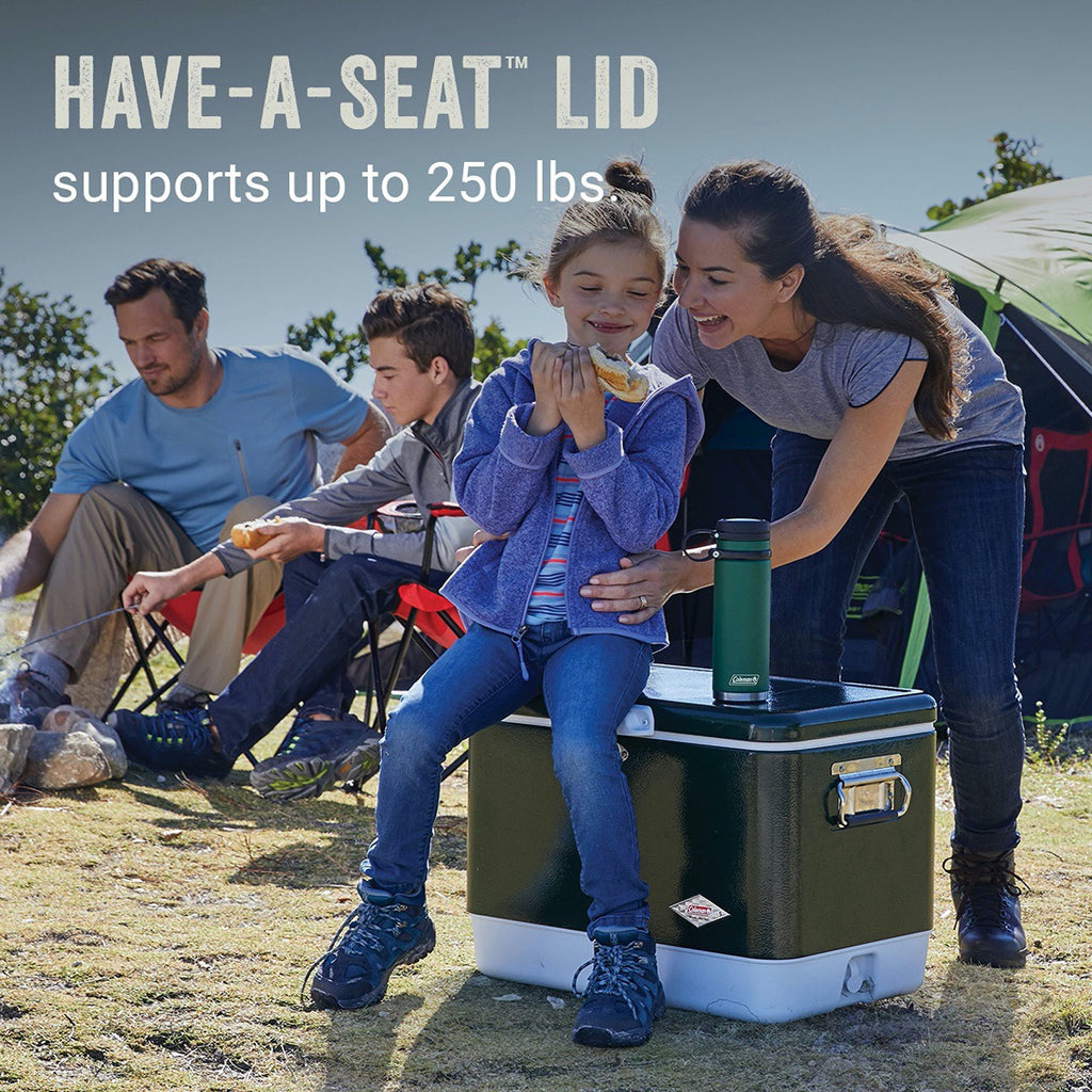 54 Quart Steel Belted Camping Cooler with Drain and Seat Lid